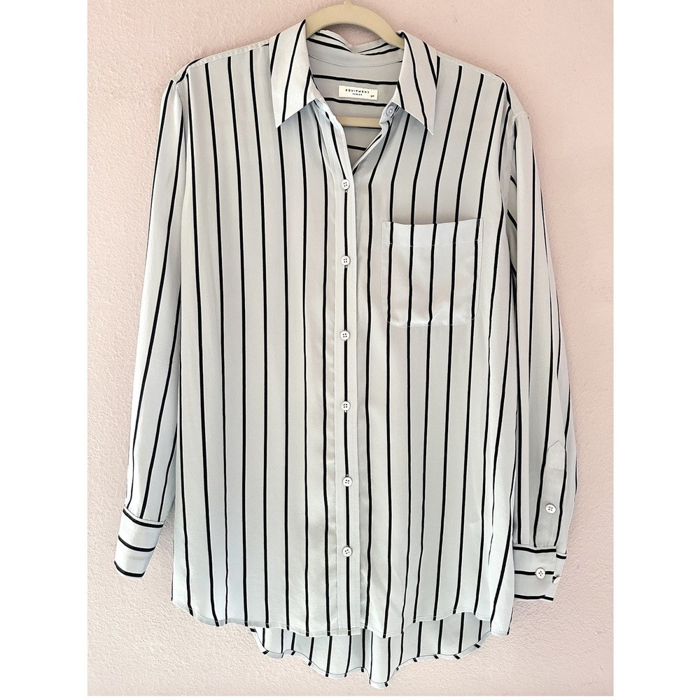 EQUIPMENT Femme Daddy Striped Silk Shirt Oversized Blue Black Old Money Workwear - Picture 2 of 8